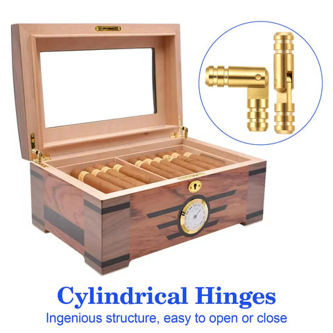 Wooden box with 10 pcs brass hidden barrel hinges 0.15x0.79 inch, showing opening mechanism and cigar storage.