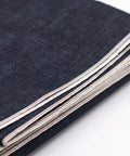 Close-up of folded 16oz Heavyweight Selvedge Denim Fabric 100 Percent Cotton Raw Indigo Shuttle Loom Woven with clean edges.