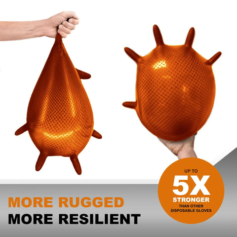 Extreme Duty Orange Nitrile Gloves With 8 Plus Mil Thickness And Textured Non Slip Grip Built Tough As Nails For Mechanics And Tradesmen Powder Free Latex Free Industrial Work Gear That Handles The Rough Stuff displayed in hand, showcasing strength and flexibility.