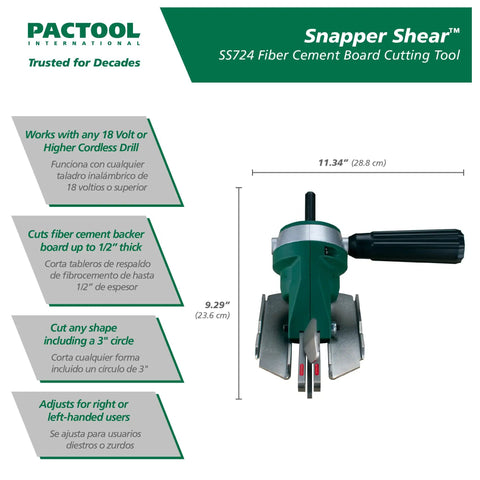 Snapper Shear Pro Drill Attachment for Fiber Cement Board Cutting shown with features and dimensions in product image.