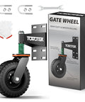 8 Inch Gate Wheel With 360 Degree Rotation And Spring Loaded Casters, 600lb Capacity, includes installation tools and box.
