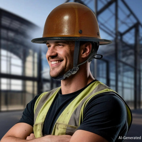 Worker wearing hard hat with Black Brim Edge Protector Strip For Hard Hats, Pro Grade Hard Hat Accessory on construction site