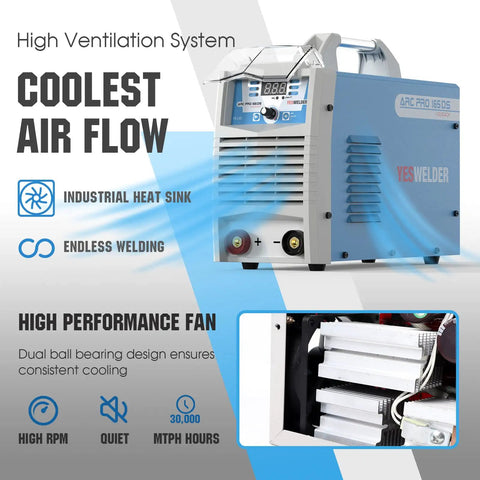 Beefy 165 Amp Dual Voltage MMA Stick Welder With Digital Display, showcasing cooling features and industrial heat sink.