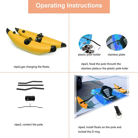 Grab-And-Go Portable PVC Kayak Outrigger Stabilizer Kit operating instructions with yellow floats and installation steps