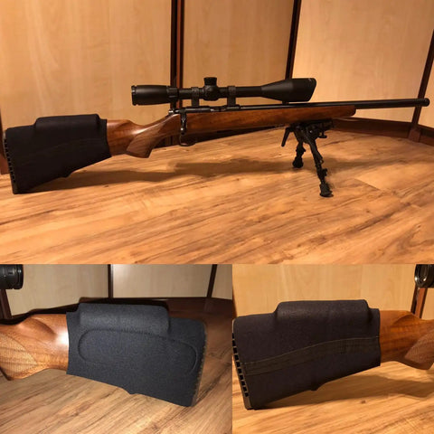 Neoprene Comb Raising Sleeve Slip-On Cheek Rest Kit with Three EVA Foam Inserts on wooden rifle stock for shooting comfort