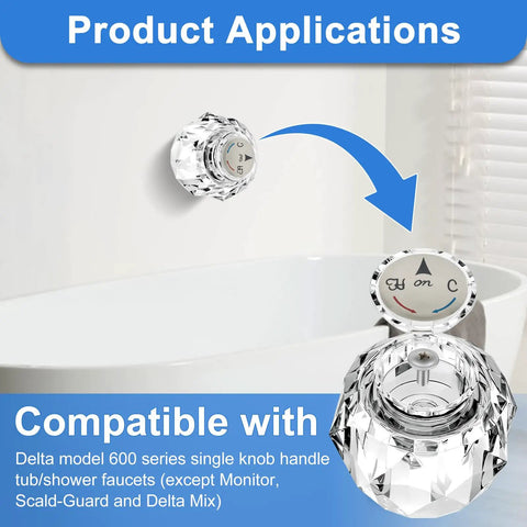 Installation diagram of Two Piece RP2389 Faucet Knob Replacement for single knob bathroom sink faucets with compatibility info