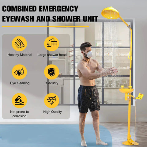Heavy Duty Emergency Shower And Eyewash Station 304 stainless steel safety combo in use, yellow, corrosion resistant