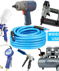 Lightweight Hybrid Air Compressor Hose Quarter Inch X 10 Feet Lay Flat Anti Kink Rubber PVC blend with aluminum push connect fittings.