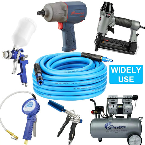 Hybrid Air Compressor Hose Quarter Inch By 25 Feet Built Tough Yet Super Lightweight Flexible Tubing With Aluminum Quick Coupler Universal Push Lock Industrial Plug Blue with air tools and compressor.