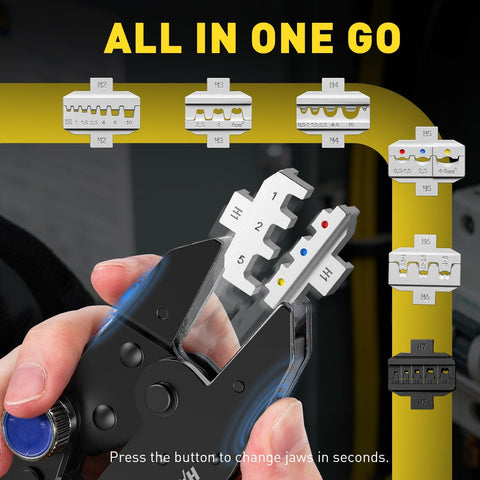 7 Piece Beefed-Up Pro Grade Quick Change Crimping Tool Set With Ratcheting Wire Crimper And 7 Die Sets for crimping connectors.