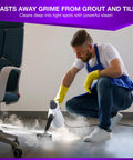 Man using Quick Heat Handheld Steam Cleaner Includes Nine Piece Accessory Kit That Knocks Out Grease And Grimy Buildup On Hardwood Tile Carpet Car Seats With Pure High Pressure Vapor Heat Only on tile floor.