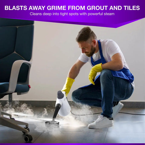 Man using Quick Heat Handheld Steam Cleaner Includes Nine Piece Accessory Kit That Knocks Out Grease And Grimy Buildup On Hardwood Tile Carpet Car Seats With Pure High Pressure Vapor Heat Only on tile floor.