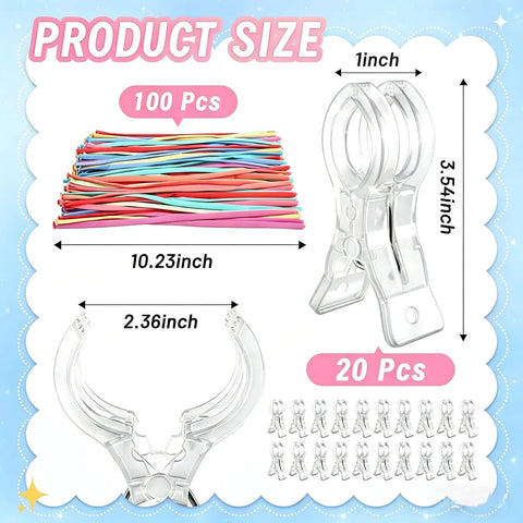20-Piece Balloon Arch Clips And 100 Multicolor Balloons Kit For Easy Party Decor And No Fuss Setup, showing clip and balloon size