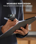 2D Bluetooth Ring Barcode Scanner With Screen worn on hand holding clipboard in warehouse