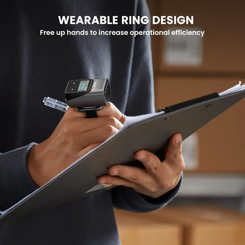 2D Bluetooth Ring Barcode Scanner With Screen worn on hand holding clipboard in warehouse