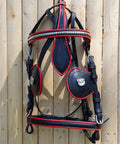 Full Size Leather Horse Driving Harness With Red Trim hanging on wooden wall, showing black leather with red edges