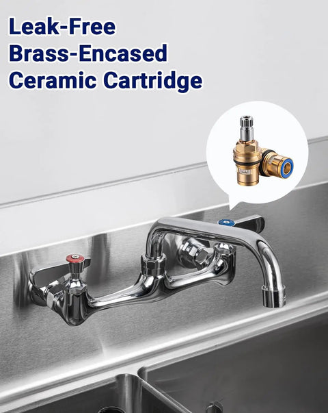 Real Deal 8 Inch Wall Mount Commercial Kitchen Sink Faucet Featuring Badass Solid Brass Build Ridiculously Slick Chrome Shield And Dead Simple Heavy Duty Restaurant Jobs with leak-free brass-encased ceramic cartridge.