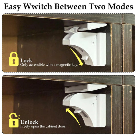 10 Pack Magnetic Baby Safety Cabinet Locks For Cabinets And Drawers, Invisible Child Proofing Locks, lock and unlock modes shown