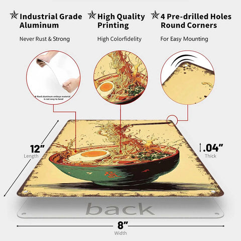 Funny Vintage Ramen Bowl Metal Sign With Chopsticks Splash 8x12 Inch Tin Wall Art for Kitchen Home Office Garage Decor