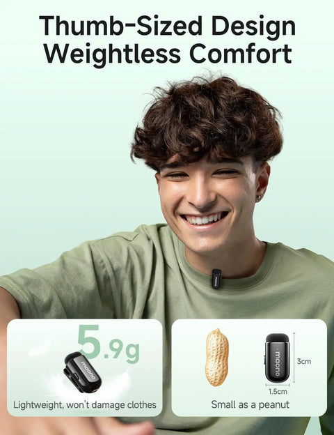 Man wearing Pocket Size Wireless Lavalier Microphone With AI Voice Filter MFi Certified And Noise Cancellation For iPhone and Android