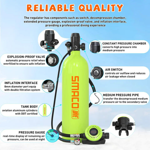 Ultra Portable 1.9L Aluminum DOT Certified Scuba Tank with pressure gauge and regulator for shallow water diving and backup air source