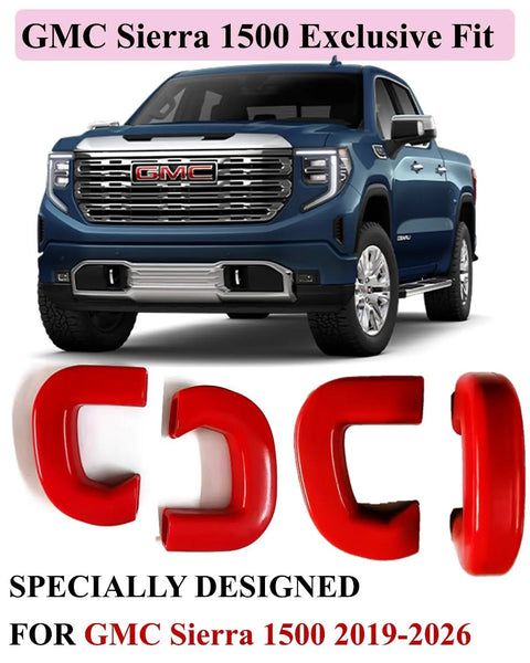 GMC Sierra 1500 Red Tow Hook Covers Set for 2019 2020 2021 2022 2023 2024 2025, four red covers, front view with vehicle background