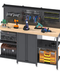 60 Inch Heavy Duty Garage Workbench With Pro Grade Tool Organizer System, 2000 Lbs Capacity, with tools organized on pegboard.