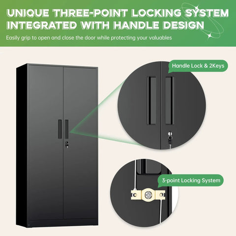 Six Foot Tall Lockable Steel Storage Cabinet With Adjustable Shelves, Heavy Duty Metal Locker For Office Home Garage Gym School, 72 Inch High, Black Matte with three-point lock and handle design