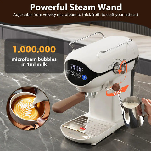 Compact Semi Automatic Espresso Machine With 20 Bar Pressure Built In Steam Milk Frother And Touchscreen Controls for frothing milk.