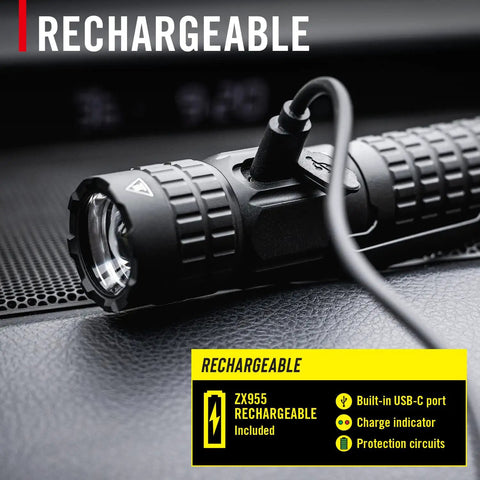 PX200R 2000 Lumen Rechargeable LED Flashlight with USB-C charging, focus ring and textured grip, MoonGlow mode.