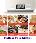 Image showing High Precision Kitchen Scale For Baking And Cooking Enthusiasts With Five Unit Options Oz Lb Oz Fl Oz G Ml No Fuss Easy One Button Operation And Backlit Display Silvery And White, highlighting versatility for various uses like baked goods, baby food, medicine, and more.