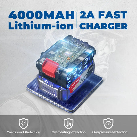 4000mAh 2A fast lithium-ion charger designed for 20V Brushless Impact Wrench Kicks 670 Ft Lbs Of Nut Breaking Torque.