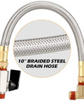 Extended Tank Drain Kit With 10 Inch Braided Steel Hose, One Quarter Inch Drain Valve And Elbow Fitting For Air Compressors