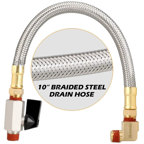 Extended Tank Drain Kit With 10 Inch Braided Steel Hose, One Quarter Inch Drain Valve And Elbow Fitting For Air Compressors