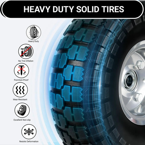 Close-up of 10 Inch Solid Rubber Tire Wheel No-Flat With 5/8 Inch Double Sealed Bearings and protective features displayed.