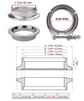 Heavy Duty 2.5 Inch Stainless Steel Exhaust Clamp Kit with flat flanges, V band bolts, and dimensions illustration.
