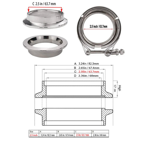 Heavy Duty 2.5 Inch Stainless Steel Exhaust Clamp Kit with flat flanges, V band bolts, and dimensions illustration.