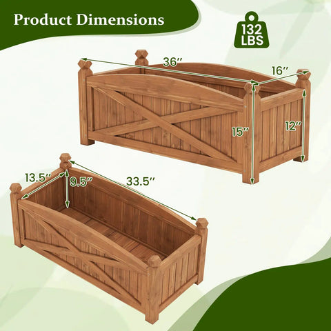 Wooden Raised Garden Bed With Drainage Holes Built Tough For Outdoor Patios And Balconies, Weatherproof Fir Wood Planter Box, Heavy Duty Plant Container, 36 x 16 x 15 Inches, showing product dimensions with weight capacity.