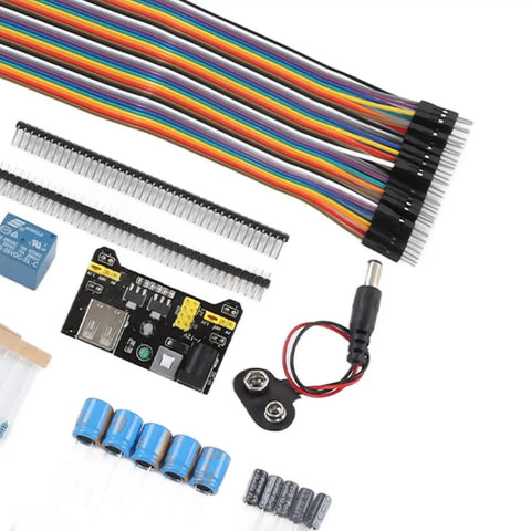 Colorful jumper wires, capacitors, and a power module from Dope Electronics Do It Yourself Kit With Resistors Capacitors Transistors And Jumper Wires Plus A Power Module A Complete Components Set For Projects And Creative Builds Ideal For Hobbyists Students And Makers