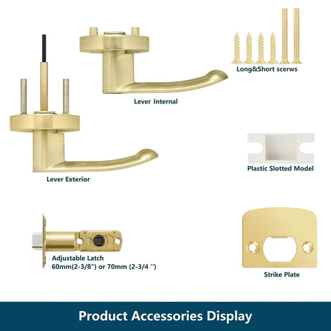 Three Pack Passage Door Handles Light Satin Brass Interior Door Levers accessories display with screws and latch