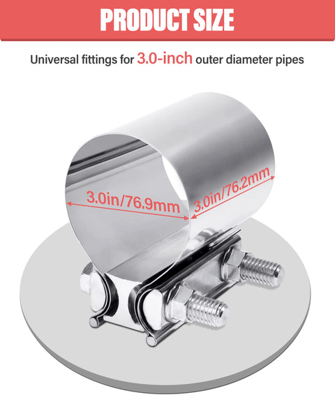 Beefy Universal Stainless Steel Exhaust Clamp 2.0 To 4.0 Inch Butt Joint Band Heavy Duty Reusable Pipe Clamp, 3.0-inch size detail