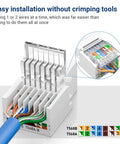 Close-up of Cat6 RJ45 Keystone Jacks Toolless 12-Pack, showing easy wire installation without a punch-down tool, white.