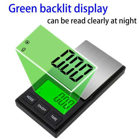 Pocket Digital Scale with 0.01g Precision and 1000g Capacity Backlit LCD showing 0.00g on green screen for jewelry and kitchen use