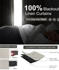 Woman sleeping with 100 Inch Blackout Linen Curtains showing light blocking, shading effect test, layers diagram for full darkening.