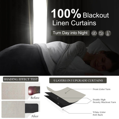 Woman sleeping with 100 Inch Blackout Linen Curtains showing light blocking, shading effect test, layers diagram for full darkening.
