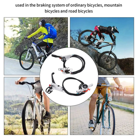 Upgrade Your Ride With This Badass Dual Piston Mechanical Disc Brake Set For Mountain And Road Bikes Cable Actuated Aluminum Alloy Calipers Front Rear Kit With Epic Grip Control Silver, shown with cyclists.