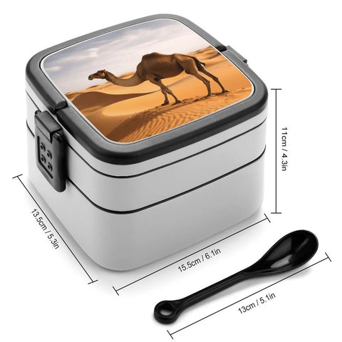 Desert Sand Camel Double Layer Bento Box With Spoon Portable Insulated Lunch Container, durable PP material, measurements shown