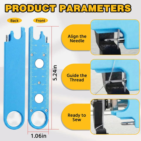 4 In 1 Sewing Machine Needle Threader With Magnetic Tool, blue tool showing measurement, guide, and needle alignment, 5.24in, 1.06in