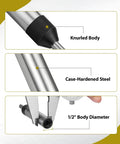 Diagram showing Pro Grade Adjustable Spring Loaded Tap Guide with knurled body, case-hardened steel, and 1/2" body diameter.