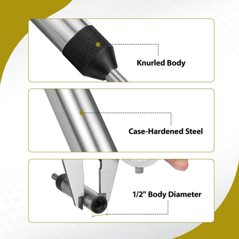 Diagram showing Pro Grade Adjustable Spring Loaded Tap Guide with knurled body, case-hardened steel, and 1/2" body diameter.